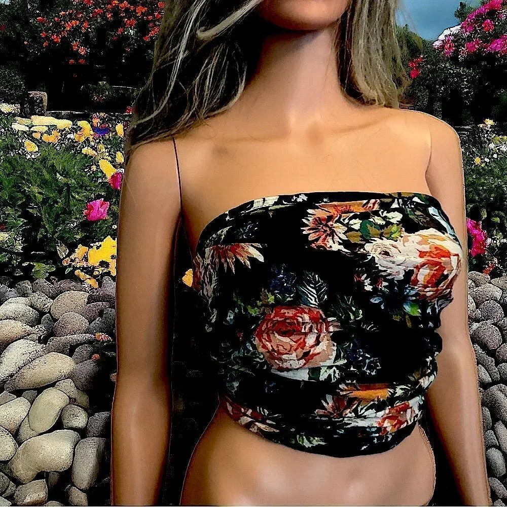 Scarf, Wrap l Black splashed with flowers l 72 x 24 l EUC
